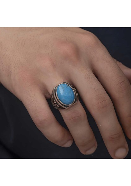 Gümüş Zirkon Turkuaz Taşlı Oval Erkek Yüzük modelleri