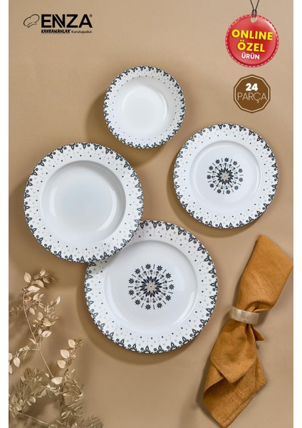 Filiz Porselen Yemek Takımı 24 Parça 6 Kişilik Çiçek Desenli Beyaz Renk