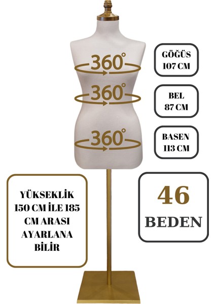 46 Beden Iğne Batabilen Terzi Mankeni Prova Mankeni Sünger Manken Gold Ayaklı Beyaz Kumaş Po-01 fırsatları