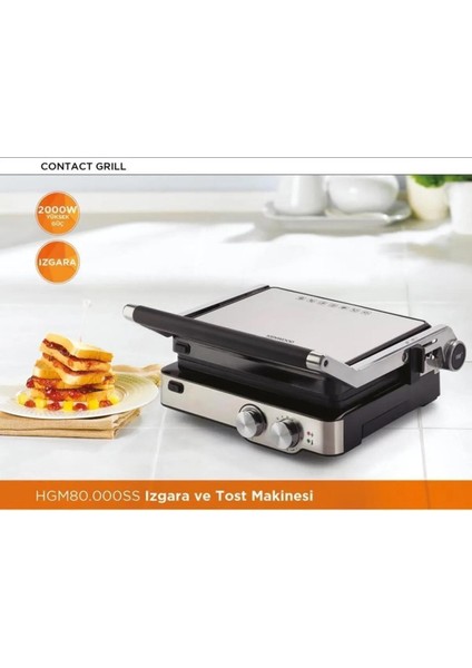 Gümüş Renkli 2000 W Isıtıcılı Tost ve Izgara Makinesi