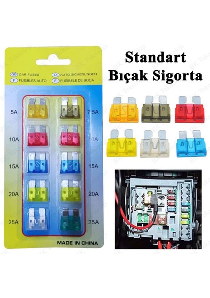 10 Adet Bıçak Oto Sigorta Seti (5A 7.5A 10A 15A 20A 25A 30A) indirimleri
