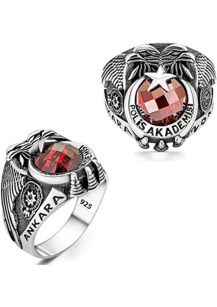 Gümüş Polis Akademisi Kırmızı Taşlı Erkek Yüzük
