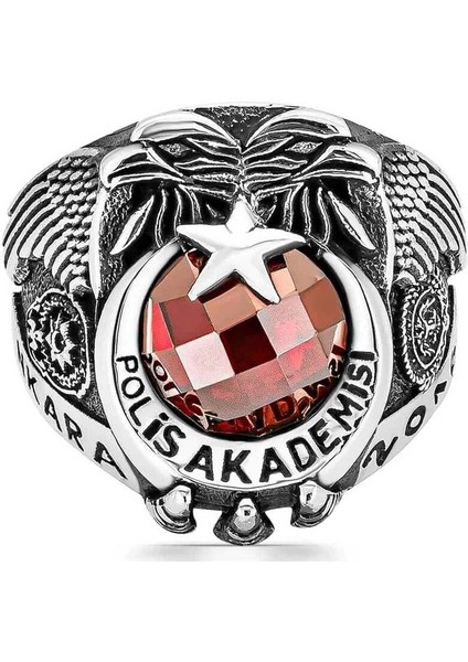 Gümüş Polis Akademisi Kırmızı Taşlı Erkek Yüzük fırsatları