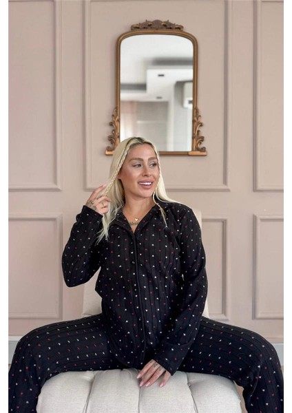 Antrasit Jantung Desenli Önden Düğmeli Peluş Polar Pijama Takımı modelleri