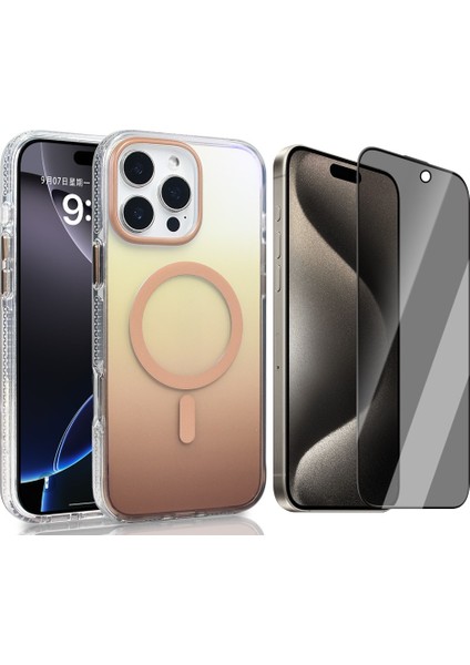 iPhone 16 Pro Max Kılıf M-safe Şarj Özellikli Transparan Renk Geçişli Zore Toros Kapak + Hayalet Ekran Koruyucu