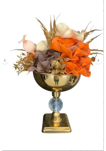 Gold Renk Kristal Tabanlı Metal Vazolu Aranjman Yapay Çiçek – Modern & Şık Salon Masa Üstü Dekoru