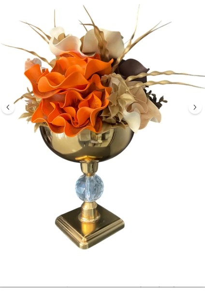 Gold Renk Kristal Tabanlı Metal Vazolu Aranjman Yapay Çiçek – Modern & Şık Salon Masa Üstü Dekoru fiyatları