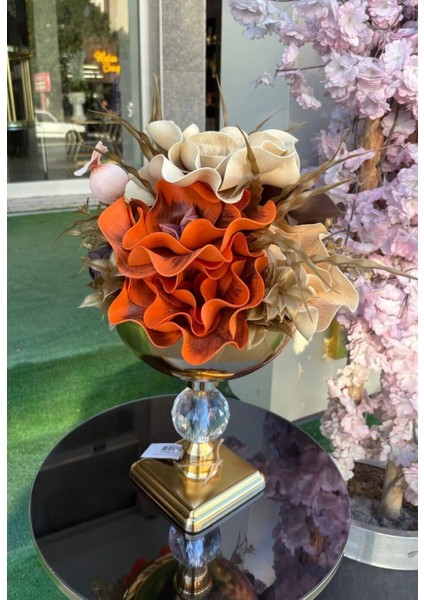 Gold Renk Kristal Tabanlı Metal Vazolu Aranjman Yapay Çiçek – Modern & Şık Salon Masa Üstü Dekoru fırsatları