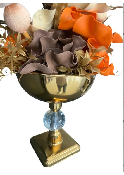 Gold Renk Kristal Tabanlı Metal Vazolu Aranjman Yapay Çiçek – Modern & Şık Salon Masa Üstü Dekoru