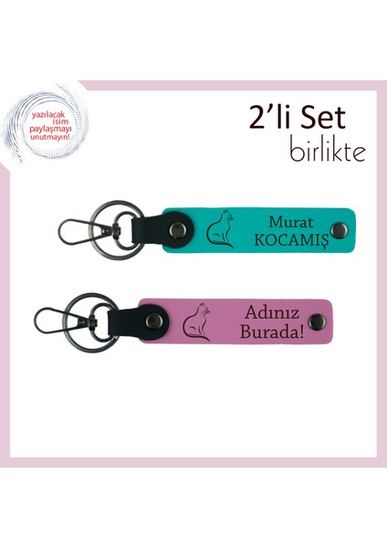 Miyavlayan Stili Yansıtan Hediye, Patili Desenli, Isme Özel Anahtarlık, Koyu Turkuaz-Pembe