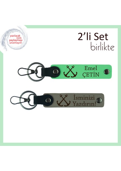 Gemici Temalı Şık ve Anlamlı Deri Hediye, Çapa Motifli 2’li Anahtarlık Set, Fıstık Yeşil-Kül Gri