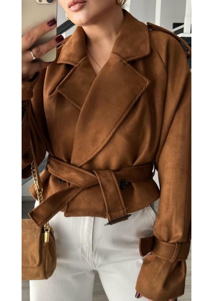 Taba Süet Omuz Apoletli Kuşaklı Trençkot fiyatları