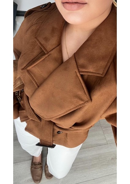 Taba Süet Omuz Apoletli Kuşaklı Trençkot modelleri