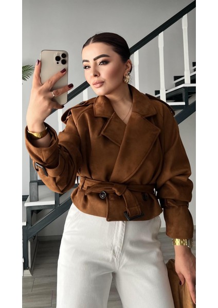 Taba Süet Omuz Apoletli Kuşaklı Trençkot fırsatları