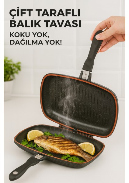 Özkentgranit Çift Taraflı Ikiz Et Balık Izgara Tavası 36 cm
