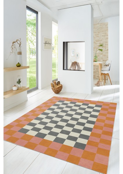 Geometrik Dama Desenli Yıkanabilir Kaymaz Taban Salon Halısı fırsatları