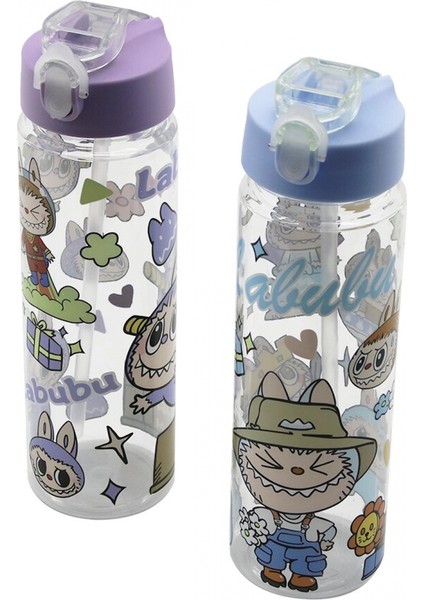 Labubu Çocuk Çizgi Film Karakter Resimli Su Matarası Şeffaf Plastik Pipetli Kilitli Kapak (4887)