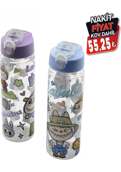Labubu Çocuk Çizgi Film Karakter Resimli Su Matarası Şeffaf Plastik Pipetli Kilitli Kapak (4887) fiyatları