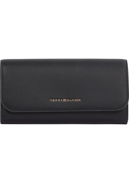 Tommy Hılfıger Kadın Marka Logolu Pürüzsüz Deri Üst Kısımlı Şık Görünüşlü Iç Yan Fermuarlı Mikrofiber Astarlı Siyah Cüzdan AW0AW17734 Bds