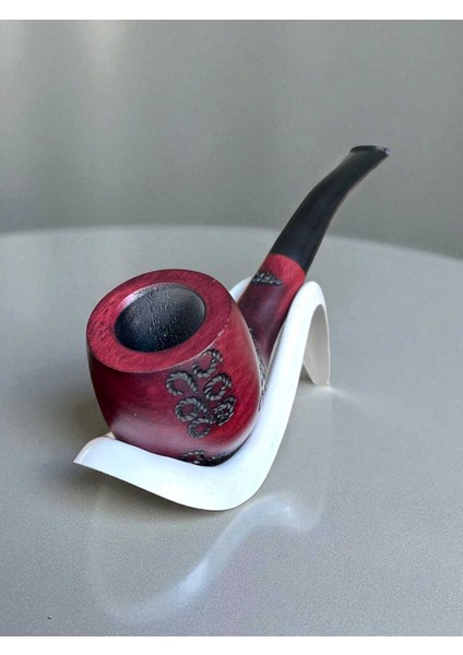 Vişne Işlemeli Ahşap Pipo | Ahlat Ağacı Pipo | Peaar Wood | Metal Filtreli | Pipo Sehpası Hediyeli