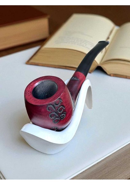 Vişne Işlemeli Ahşap Pipo | Ahlat Ağacı Pipo | Peaar Wood | Metal Filtreli | Pipo Sehpası Hediyeli