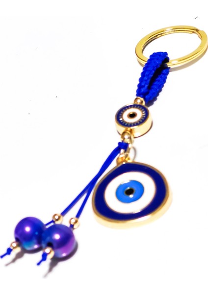 Koyu Mavi Nazar Boncuklu Sarı Metal Anahtarlık