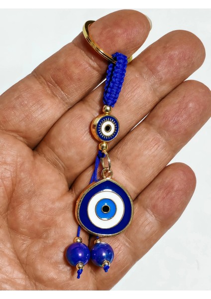 Koyu Mavi Nazar Boncuklu Sarı Metal Anahtarlık