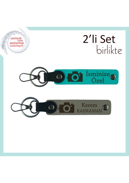 Anı Koleksiyoncularına, Kamera Desenli, Kişiye Özel 2’li Deri Anahtarlık Seti, Koyu Turkuaz-Kül Gri