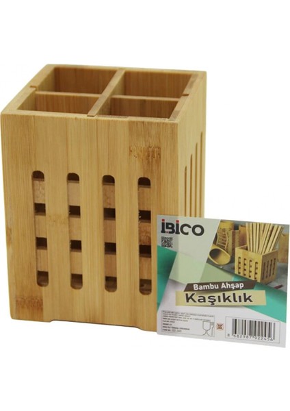 4 Bölmeli Büyük - Pencereli KARE=11X11CM Ahşap Bambu Kaşıklık Organizer (4887)
