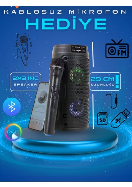 Bluetooth Hoparlör Kablosuz Mikrofonlu Karaoke Speaker Rgb 29CM Ses Bombası Fmradyo/sd fırsatları