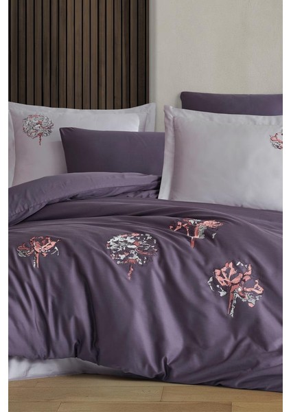 Root Nakışlı %100 Pamuk Saten Çift Kişilik Nevresim Takımı Mor