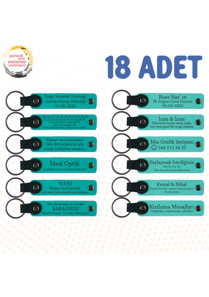 Koyu Turkuaz & Turkuaz, 18’li Set, Kişisel Mesajlı Deri Anahtarlık, Akraba Gecelerine Küçük Armağan