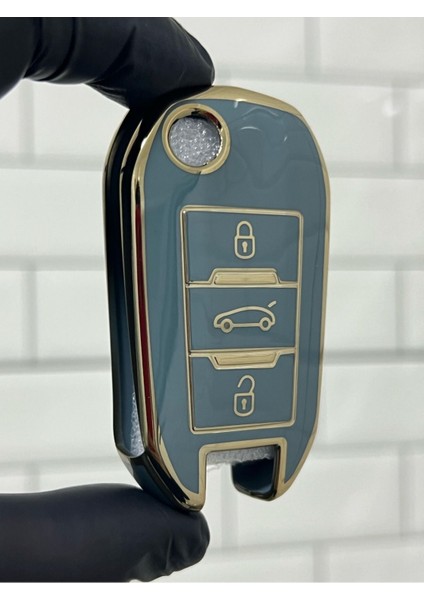 Opel Combo Corsa F Crossland x Grandland x Sustalı Nano Anahtar Koruma Kılıfı Gri Gold Altın Renk