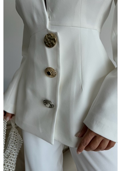 Tasarım Ceket-Pantolon Takım Metal Düğme Detaylı - Beyaz modelleri