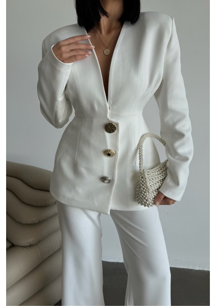 Tasarım Ceket-Pantolon Takım Metal Düğme Detaylı - Beyaz fırsatları