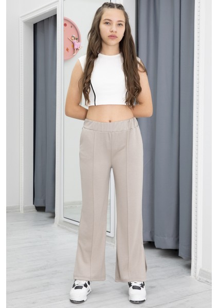 Bej Geniş Paça Yırtmaçlı Kız Çocuk Pantolon 20287