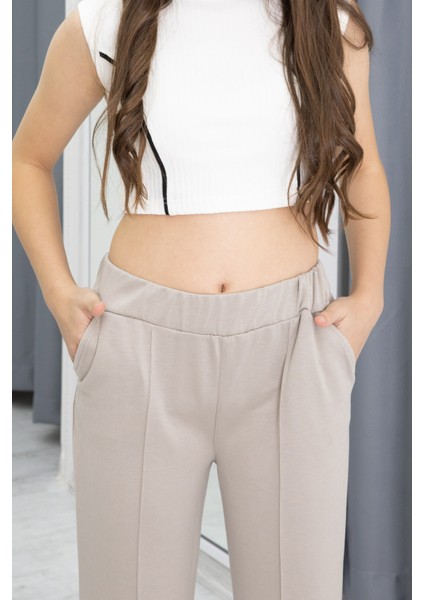 Bej Geniş Paça Yırtmaçlı Kız Çocuk Pantolon 20287 fiyatları