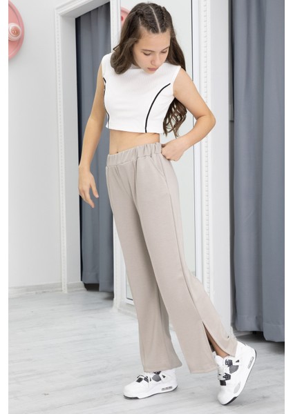 Bej Geniş Paça Yırtmaçlı Kız Çocuk Pantolon 20287 modelleri