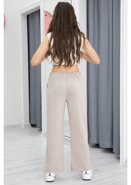 Bej Geniş Paça Yırtmaçlı Kız Çocuk Pantolon 20287 fırsatları