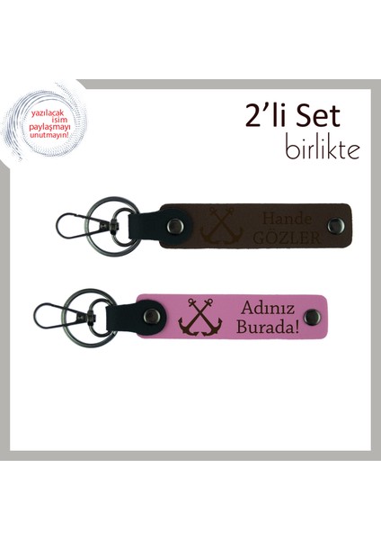 Denizci Olana Çok Anlamlı Hediye, Çapa Desenli Isme Özel Deri Anahtarlık Takımı, Koyu Kahve-Pembe