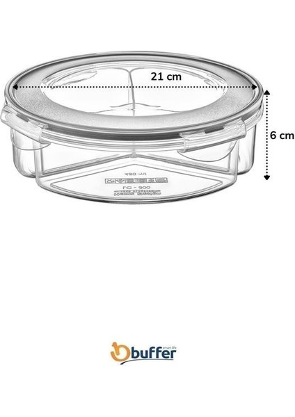 Buffer® 3 Bölmeli Sızdırmaz Contalı Kilitli Kapaklı 1,35 Litre Yuvarlak Erzak Saklama Kabı LC-500