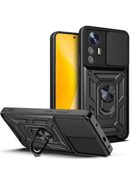 Mi 12 Lite Kılıf Magnetik Standlı Kamera Korumalı Khyr Sürgülü Vega Kapak - Siyah