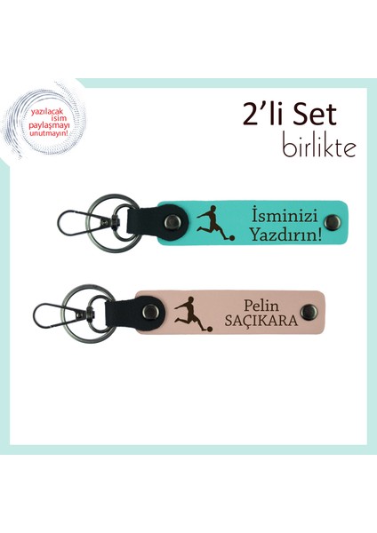 Futbol Figürlü Sevgiliye Hediyelik Tasarım, Kişisel Yazı Eklenebilir Deri Set, Turkuaz-Yavru Ağzı