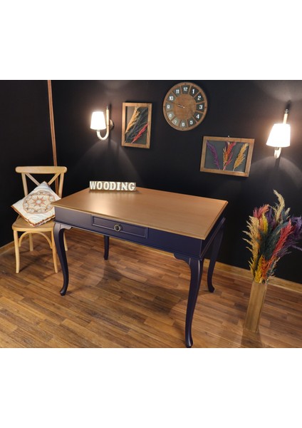 110 cm Çekmeceli Masif Lacivert Naturel Çalışma Masası