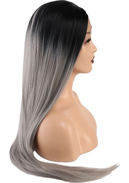 Fiber Sentetik Düz Uzun Tül Peruk - Siyah Gri Ombreli fiyatları