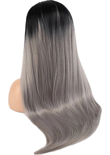 Fiber Sentetik Düz Uzun Tül Peruk - Siyah Gri Ombreli fırsatları
