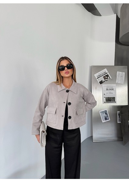 Kadın Düğmeli Suni Süet Esnek Crop Ceket