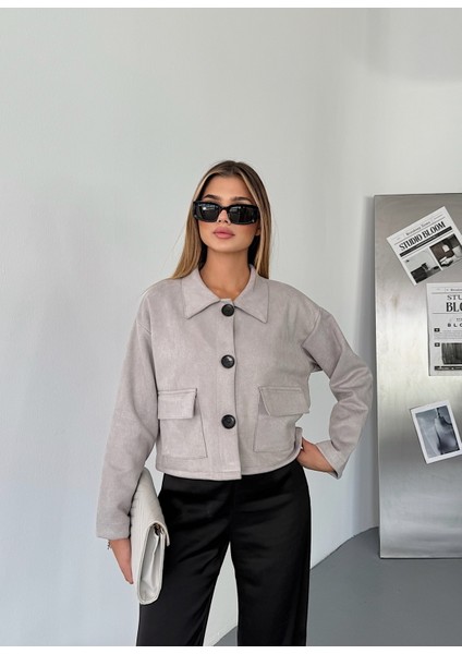 Kadın Düğmeli Suni Süet Esnek Crop Ceket modelleri