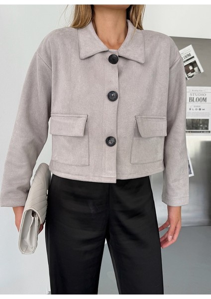 Kadın Düğmeli Suni Süet Esnek Crop Ceket indirimleri