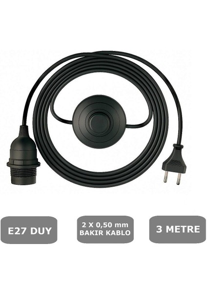 E27 Duylu 3 Metre Yerpuarlı (AÇ KAPAT ANAHTAR) Fişli Seyyar (2X0,50) (SİYAH)